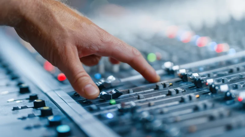 Hand adjusting faders on a mixing console in a recording studio