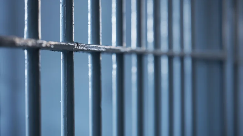 Close-up of metal prison bars forming a grid with blurred background and visible welds