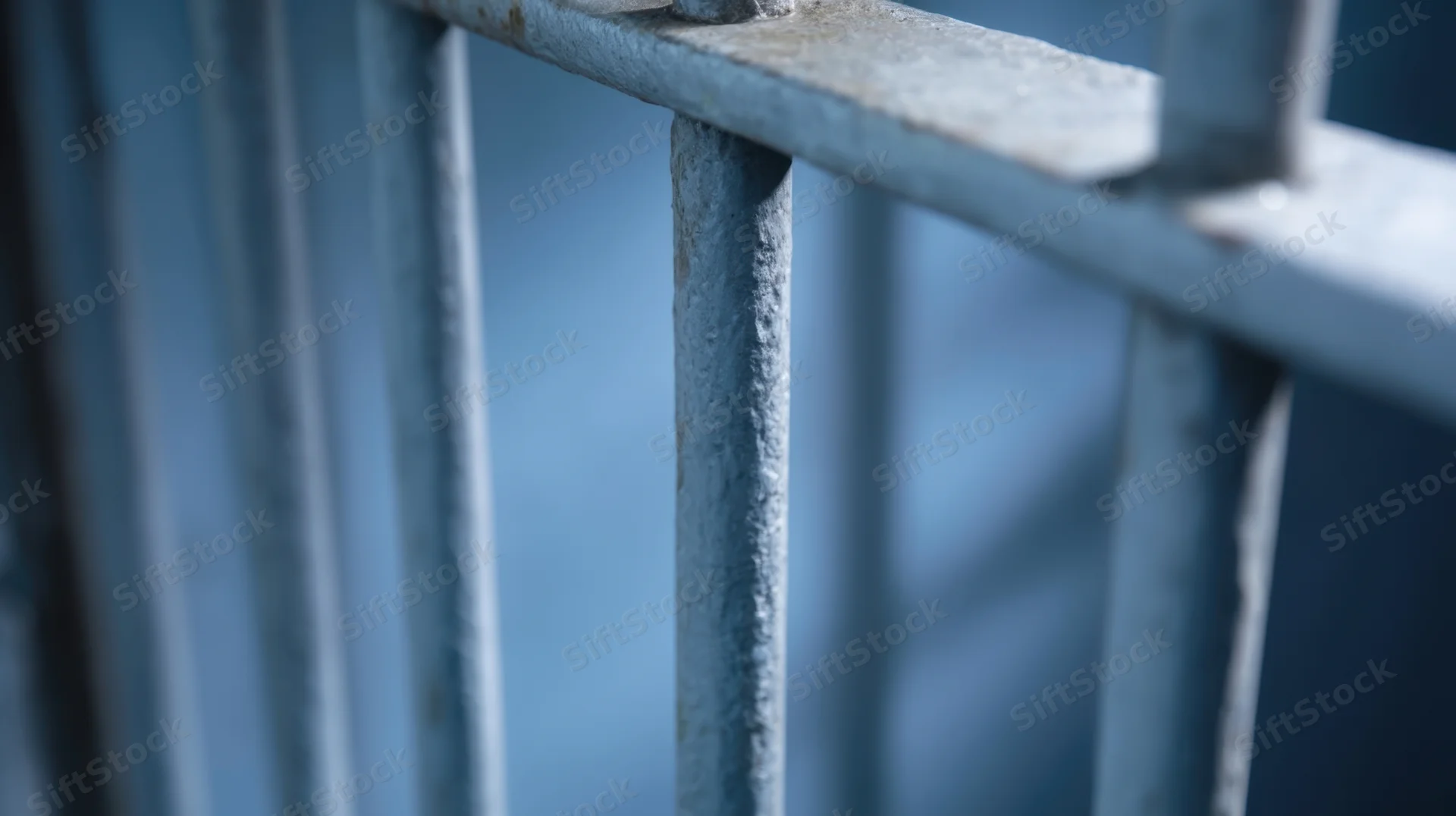 Close-up of weathered metal railing with vertical bars and horizontal top rail, showing texture and rust against a blurred blue background