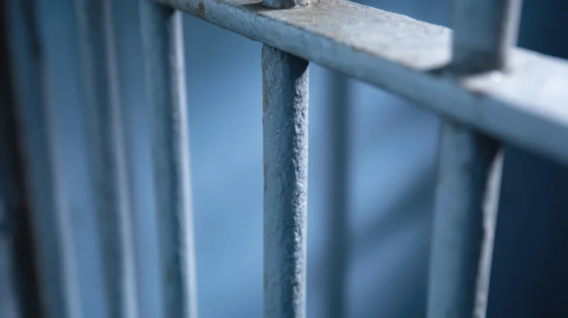 Close-up of weathered metal railing with vertical bars and horizontal top rail, showing texture and rust against a blurred blue background