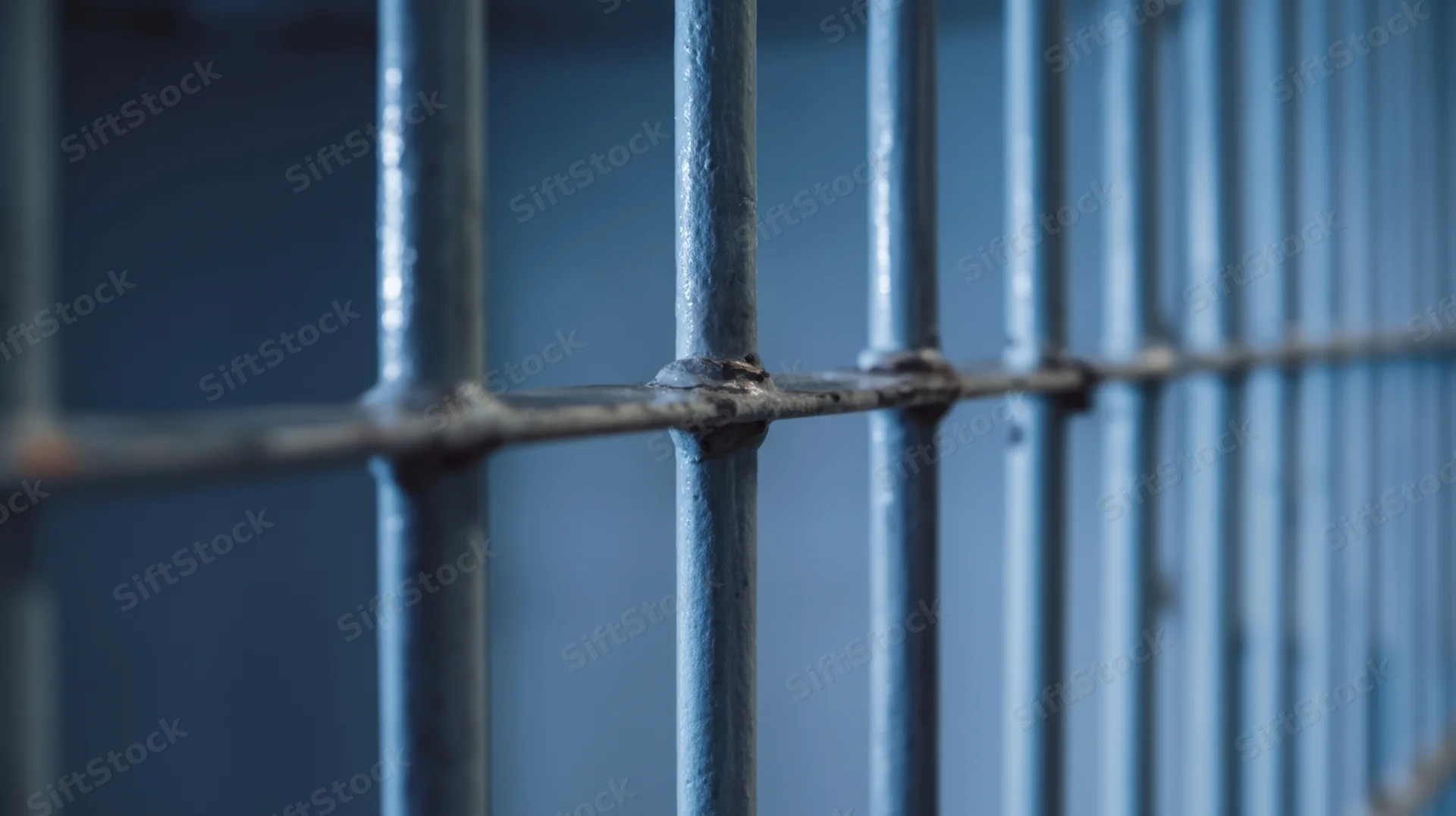 Close-up of metal prison bars forming a grid on a blue wall