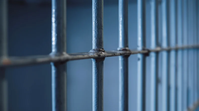 Close-up of metal prison bars forming a grid on a blue wall