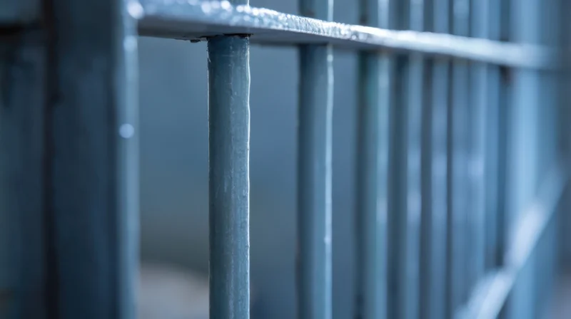 Close-up of a weathered metal fence with vertical bars and horizontal rails outdoors