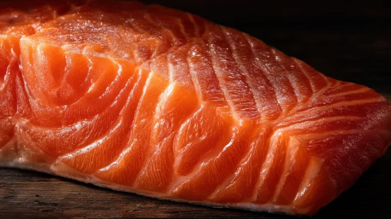 Close-up of a raw salmon fillet on a dark wooden surface