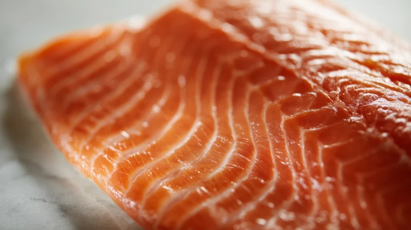 Close-up of raw salmon fillet showing detailed texture and marbling on a white surface