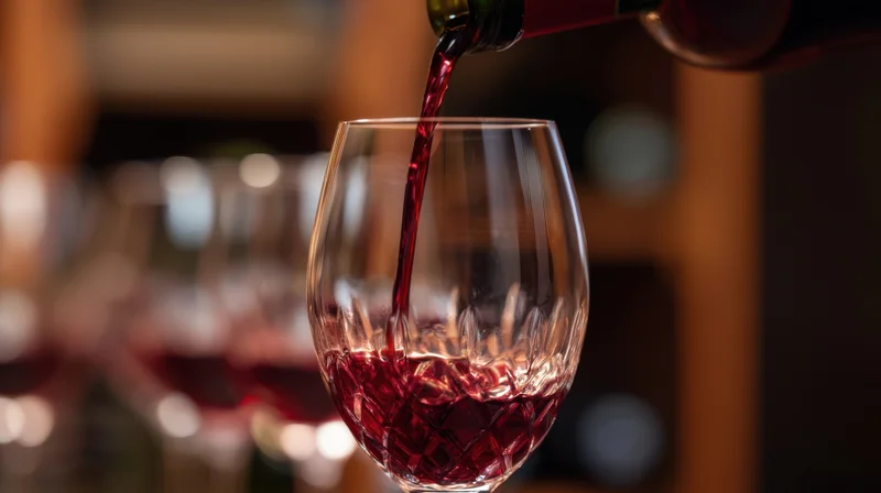 Red wine being poured into a crystal wineglass at a dimly lit bar