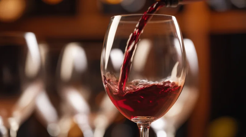 Red wine being poured into a glass in a dimly lit bar setting