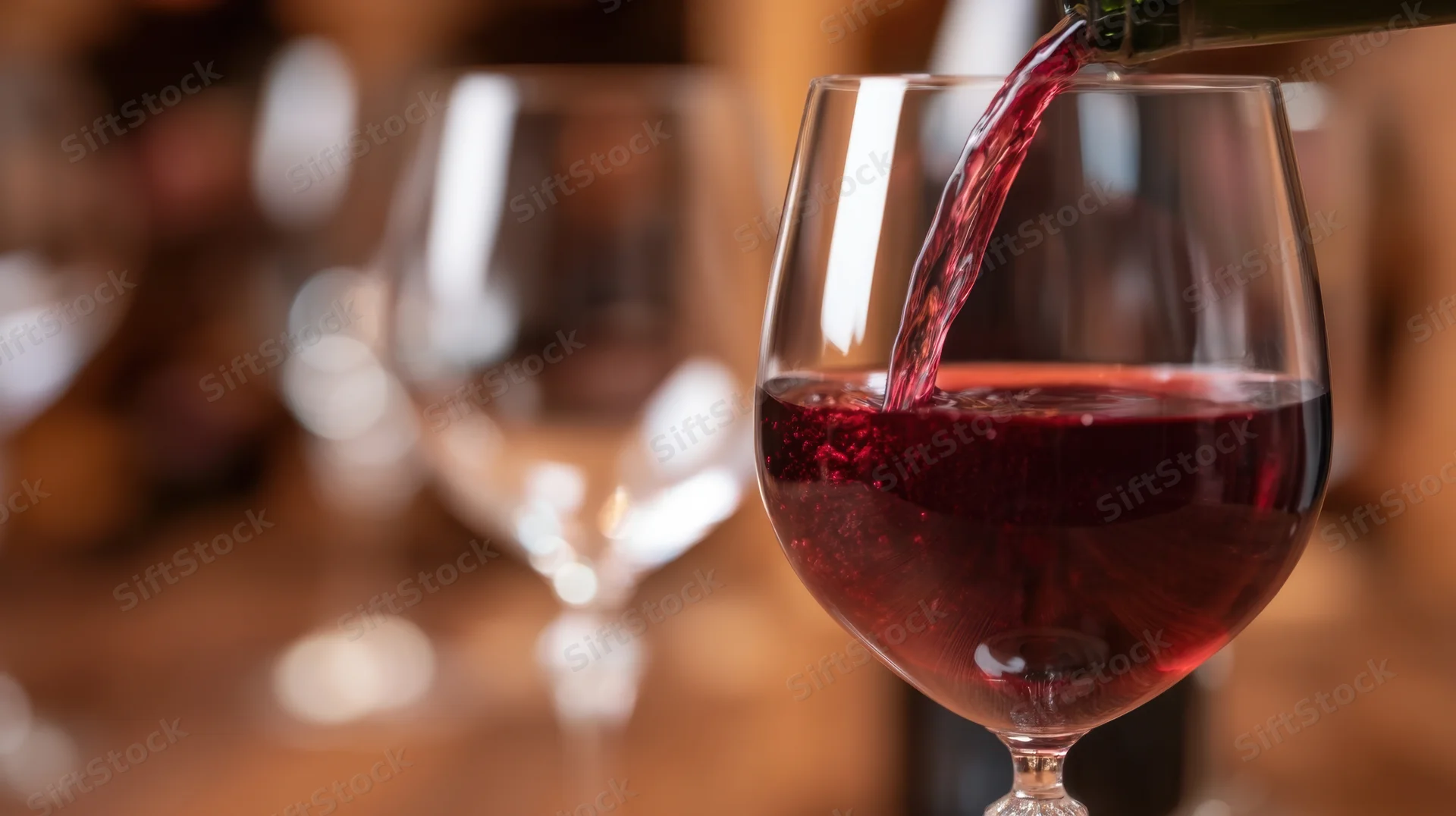 Red wine being poured into a glass on a wooden table in a restaurant setting