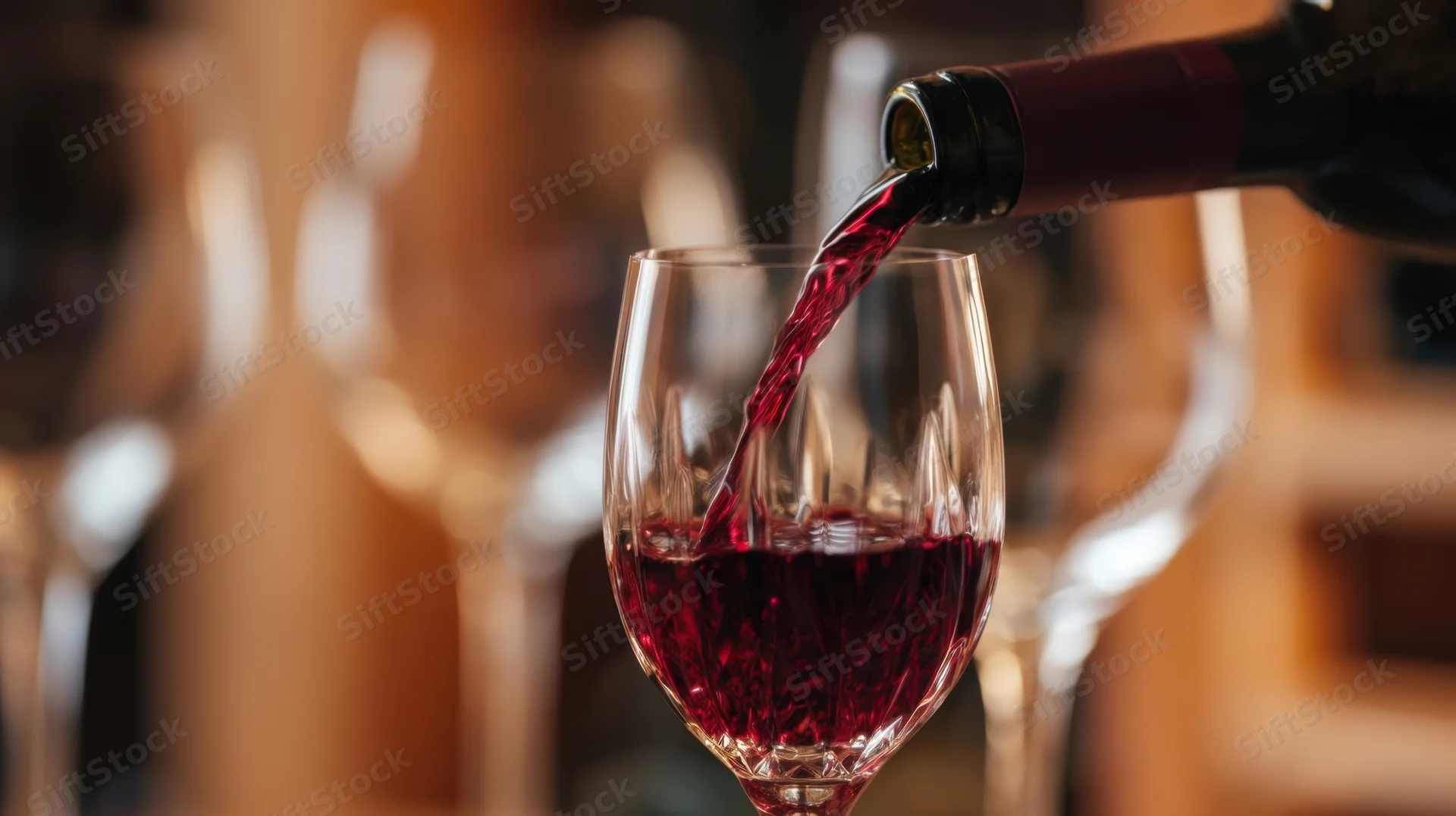 Red wine being poured into a crystal glass at a bar