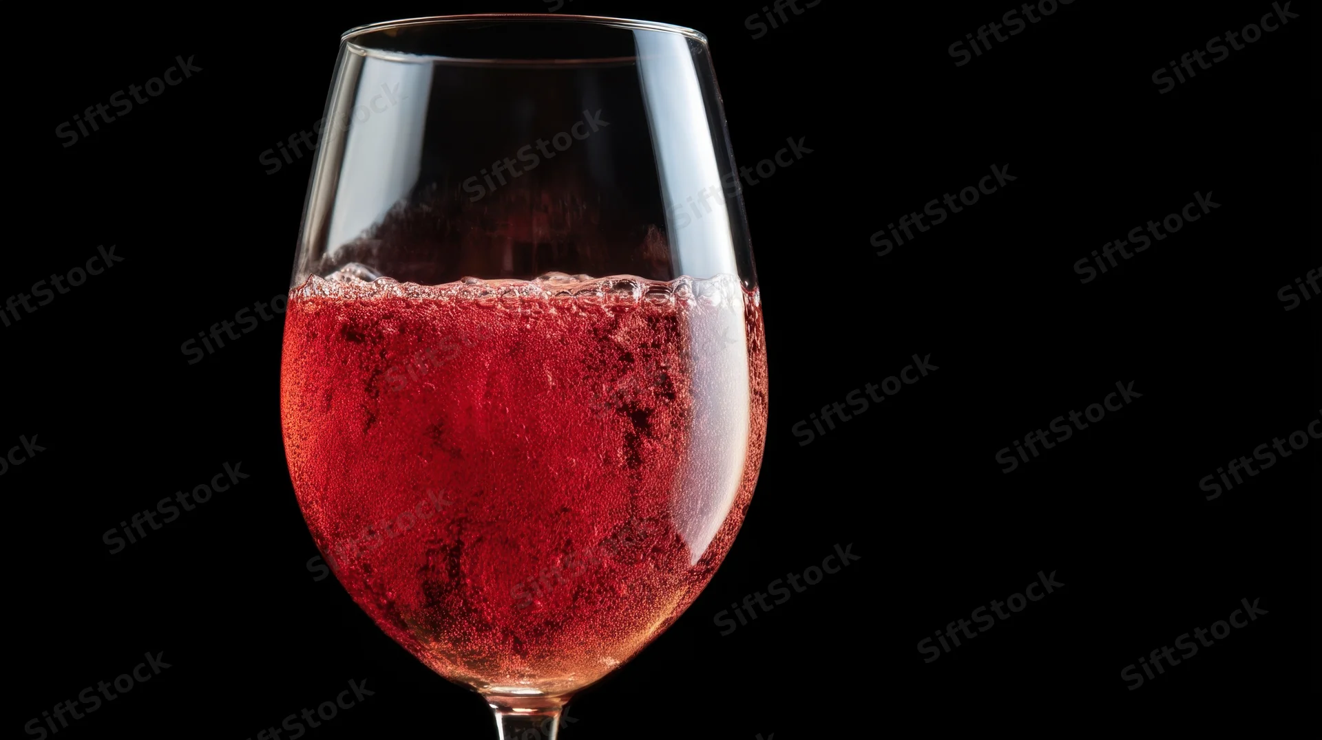 Close-up of a glass of sparkling red wine against a black background