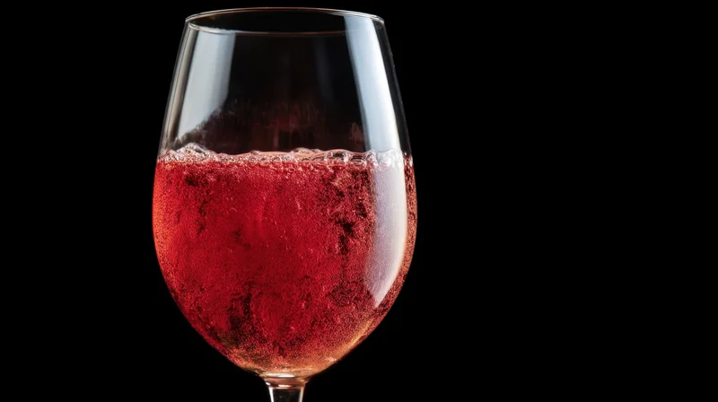 Close-up of a glass of sparkling red wine against a black background