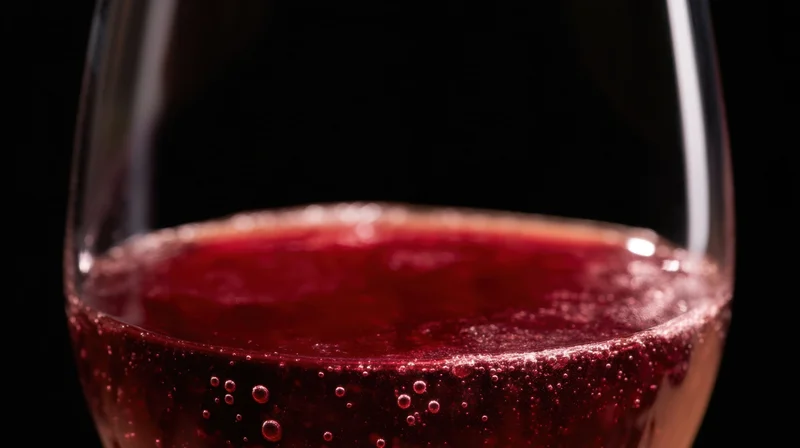 Close-up of red wine in a glass with bubbles against a dark background