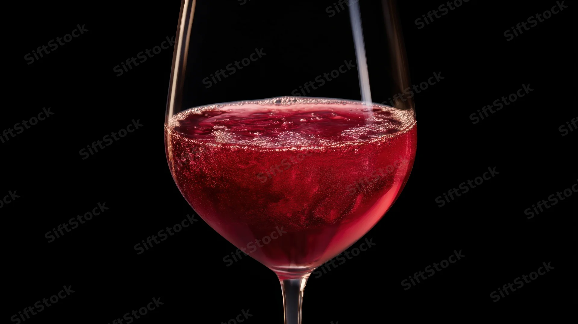 Red wine being poured into a glass against a black background