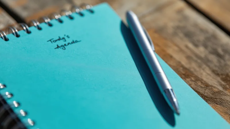 Blue spiral notebook with handwritten today's agenda and silver pen on wooden surface