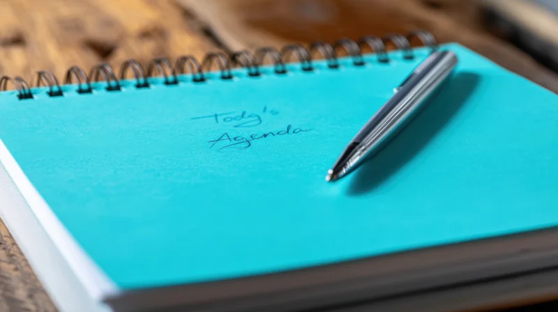 Spiral notebook with handwritten today's agenda and pen on wooden desk