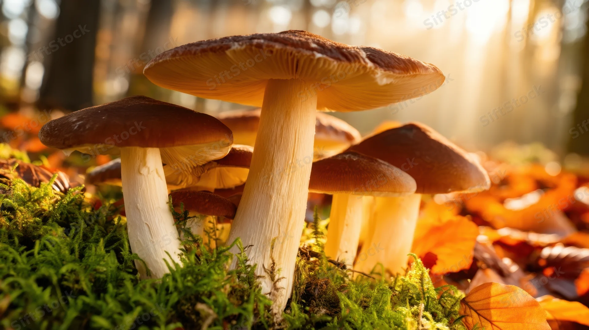 Cluster of mushrooms growing on mossy forest floor among fallen autumn leaves with sunlight filtering through trees