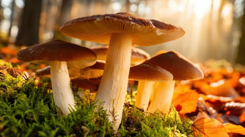 Cluster of mushrooms growing on mossy forest floor among fallen autumn leaves with sunlight filtering through trees