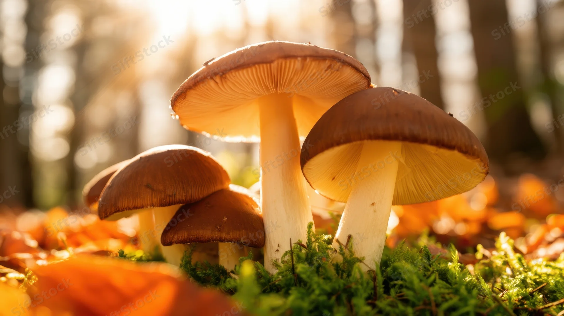 Cluster of mushrooms growing on mossy forest floor among fallen autumn leaves with sunlight filtering through trees