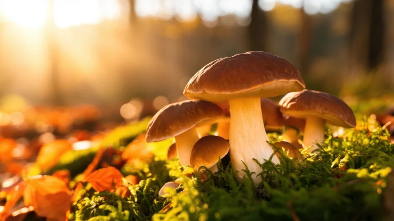 Cluster of mushrooms growing on moss in a sunlit forest floor during autumn