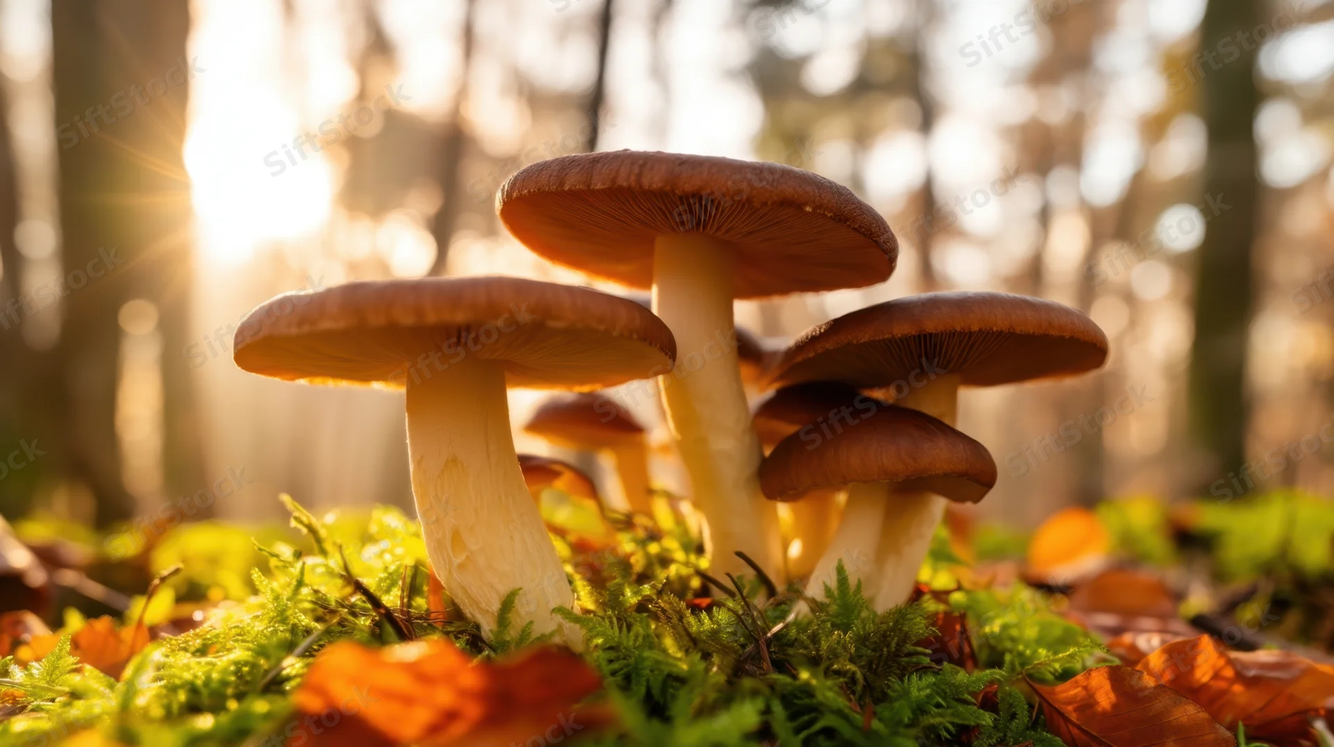 Cluster of mushrooms growing on mossy forest floor with sunlight filtering through trees in autumn