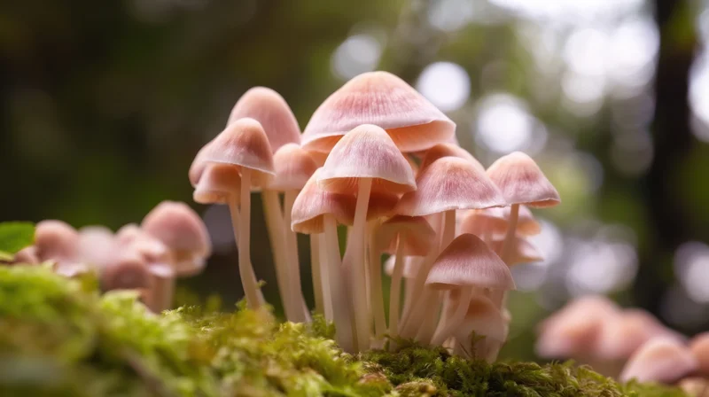 Cluster of pink mushrooms growing on mossy forest floor in soft natural light