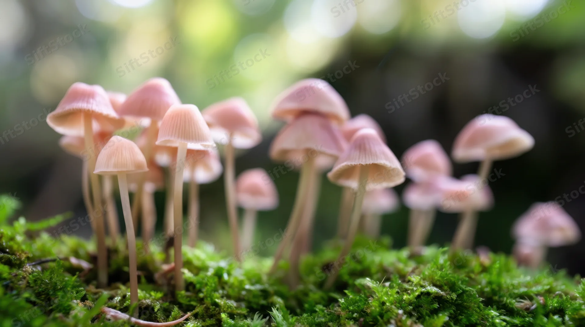 Cluster of pink mushrooms growing on green moss in a forest setting