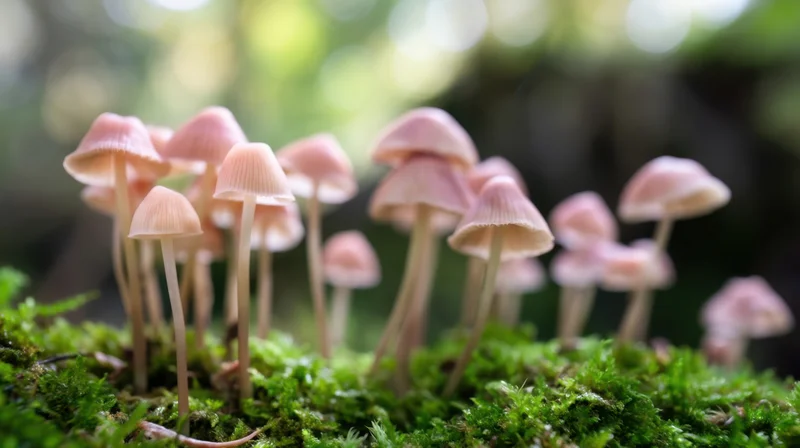 Cluster of pink mushrooms growing on green moss in a forest setting