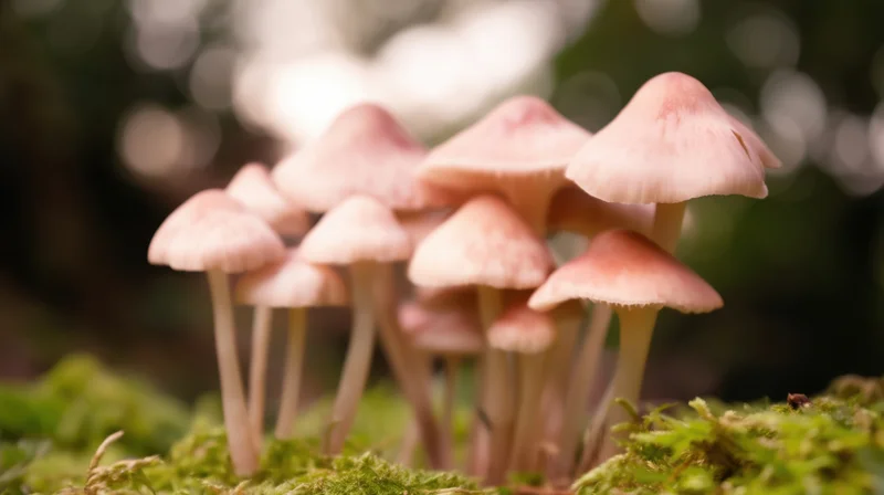 Cluster of pink mushrooms growing on moss in a forest floor
