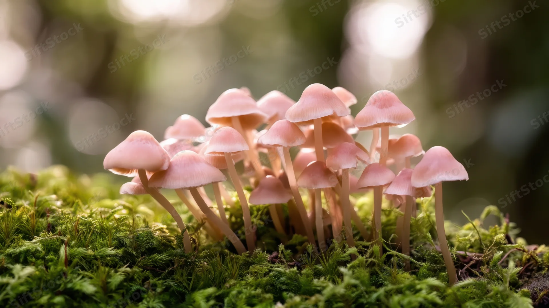 Cluster of pink mushrooms growing on moss in a forest setting