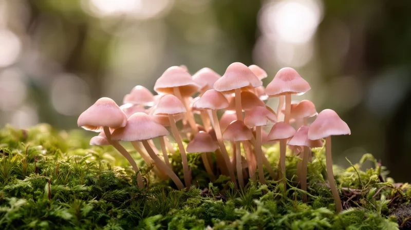 Cluster of pink mushrooms growing on moss in a forest setting