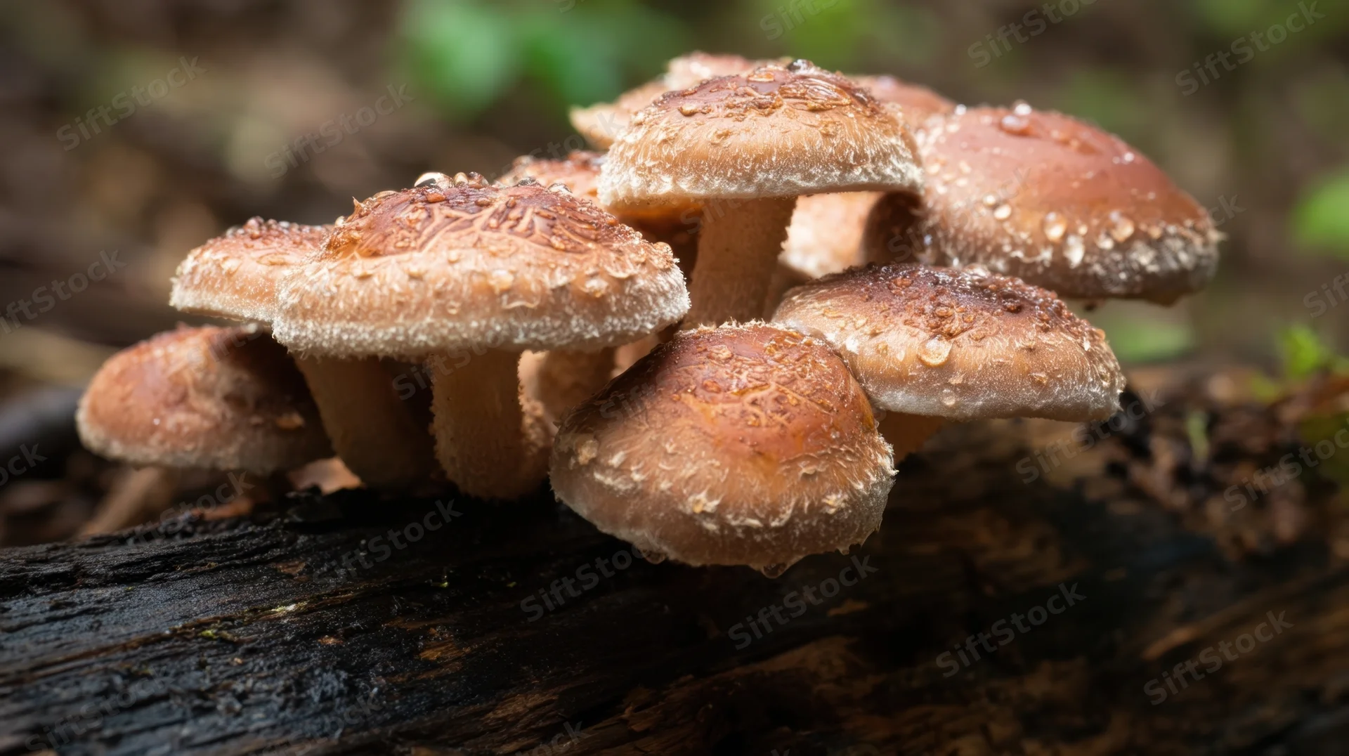Cluster of mushrooms growing on a damp log in a forest setting
