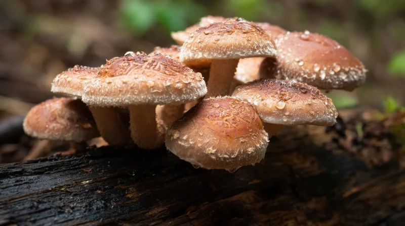 Cluster of mushrooms growing on a damp log in a forest setting