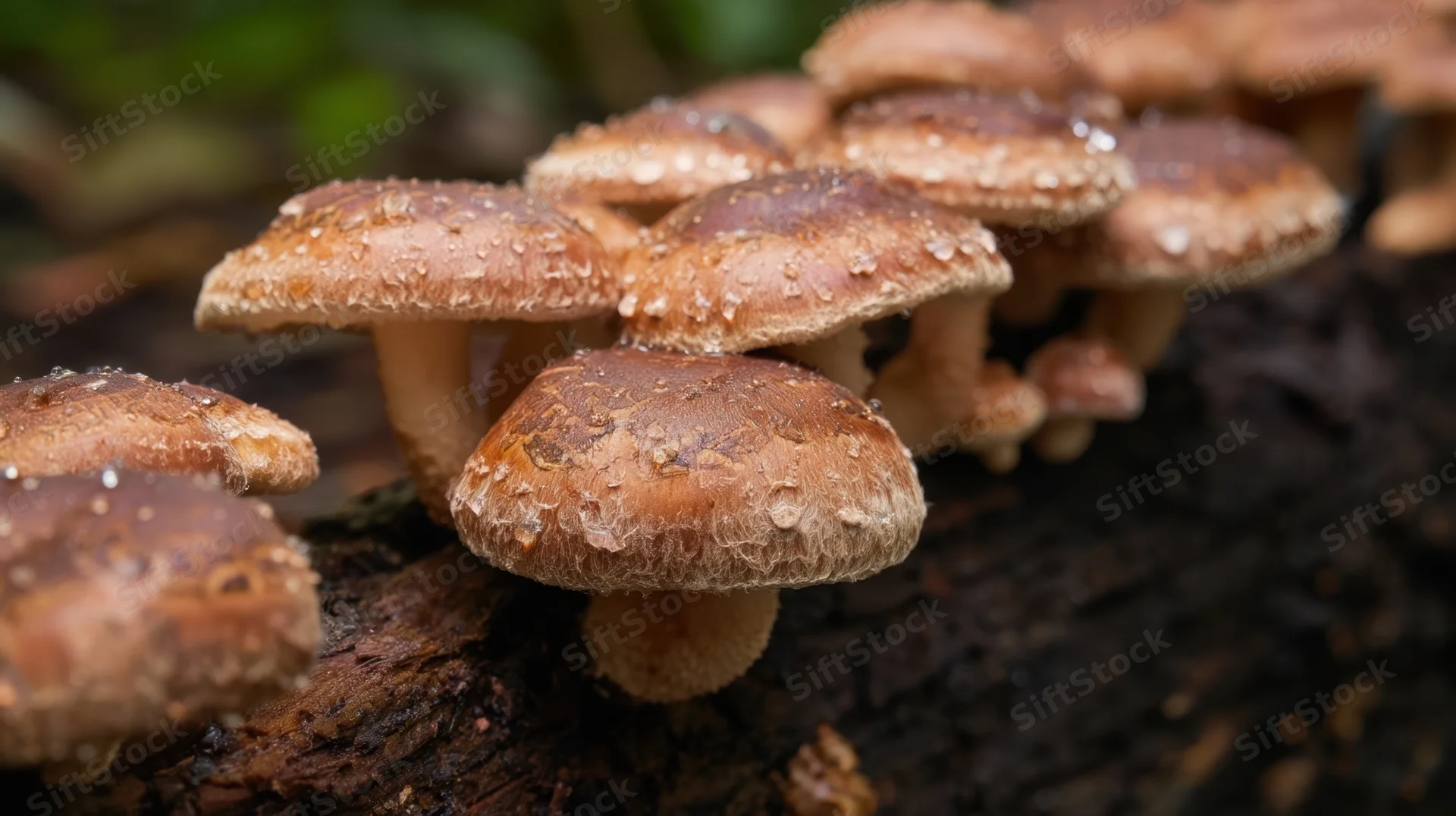 Cluster of brown mushrooms with water droplets growing on a decaying log in a forest