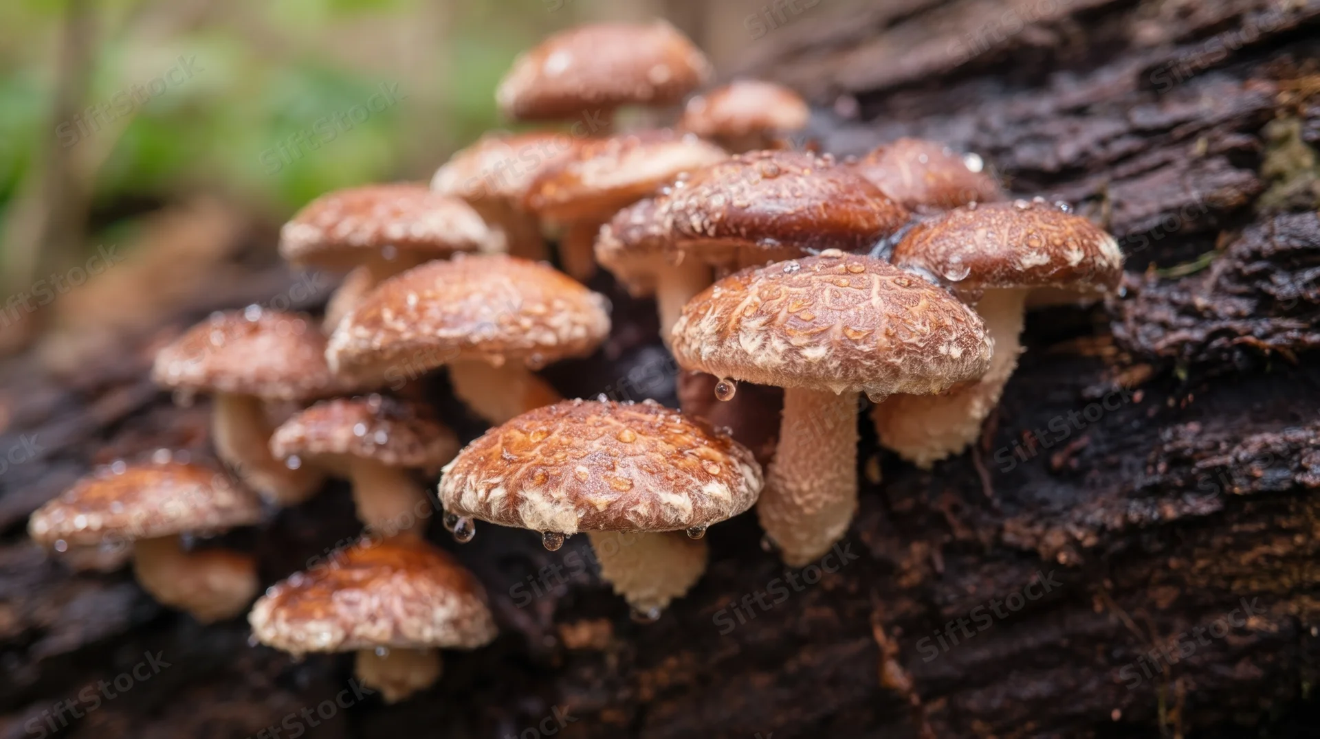 Cluster of brown mushrooms growing on a damp log in a forest