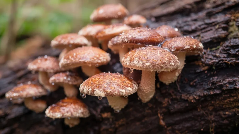 Cluster of brown mushrooms growing on a damp log in a forest