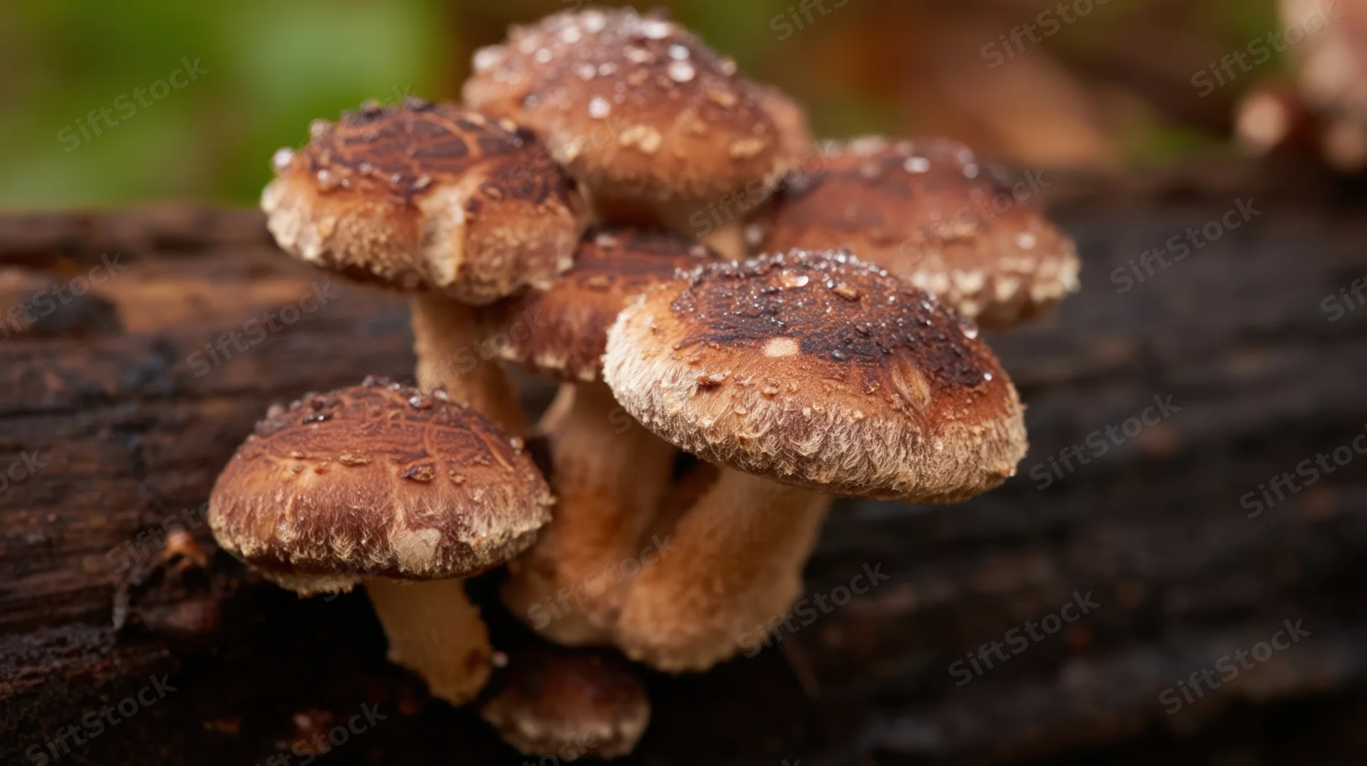 Cluster of mushrooms growing on a damp log in a forest setting