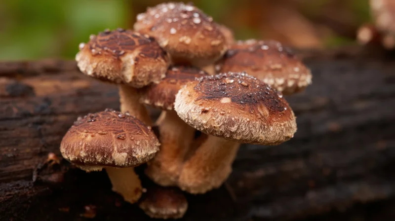 Cluster of mushrooms growing on a damp log in a forest setting