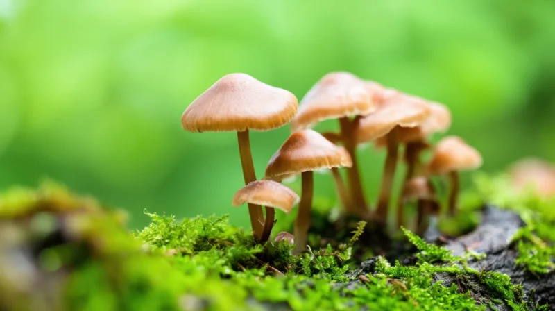 Cluster of small brown mushrooms growing on mossy forest floor