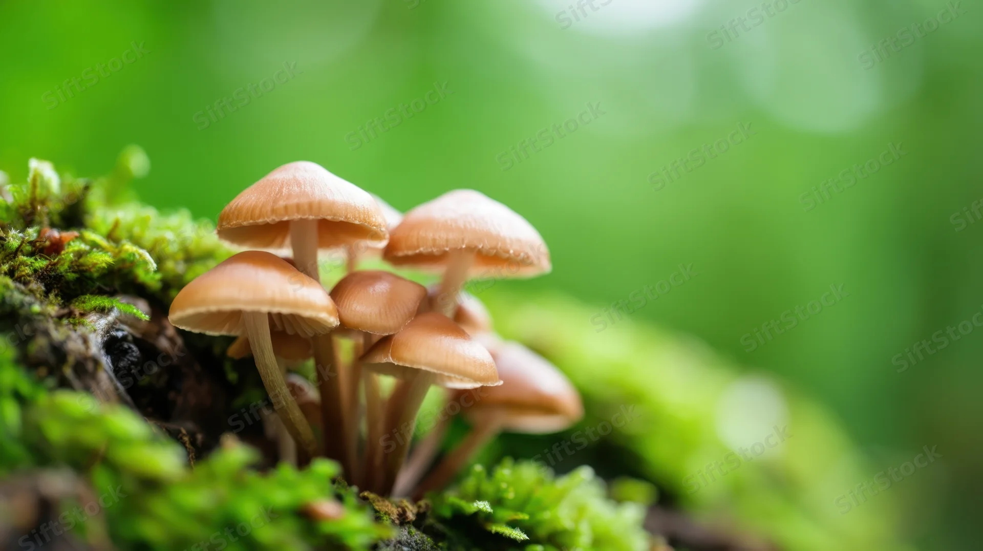 Cluster of mushrooms growing on mossy bark in a forest setting