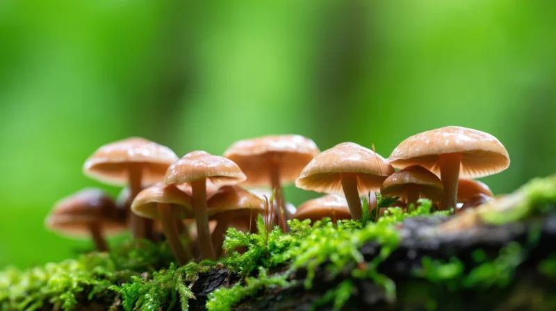 Cluster of mushrooms growing on a moss-covered log in a forest