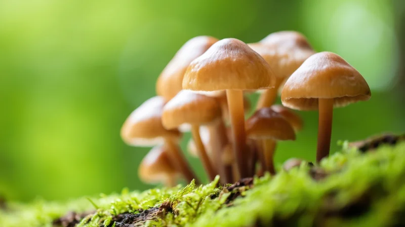 Cluster of brown mushrooms growing on mossy log in forest
