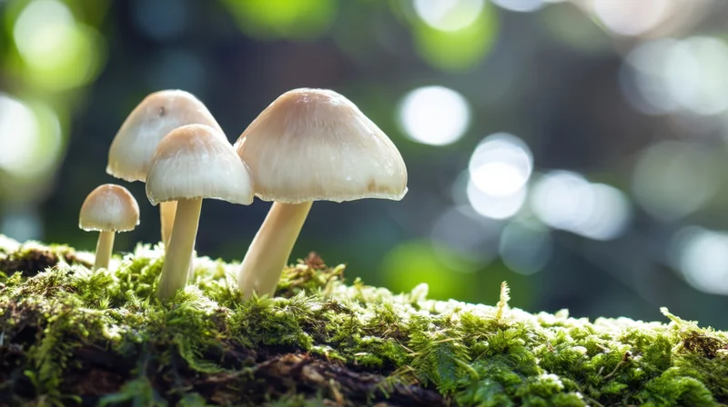 Cluster of mushrooms growing on moss-covered log in forest with dappled sunlight
