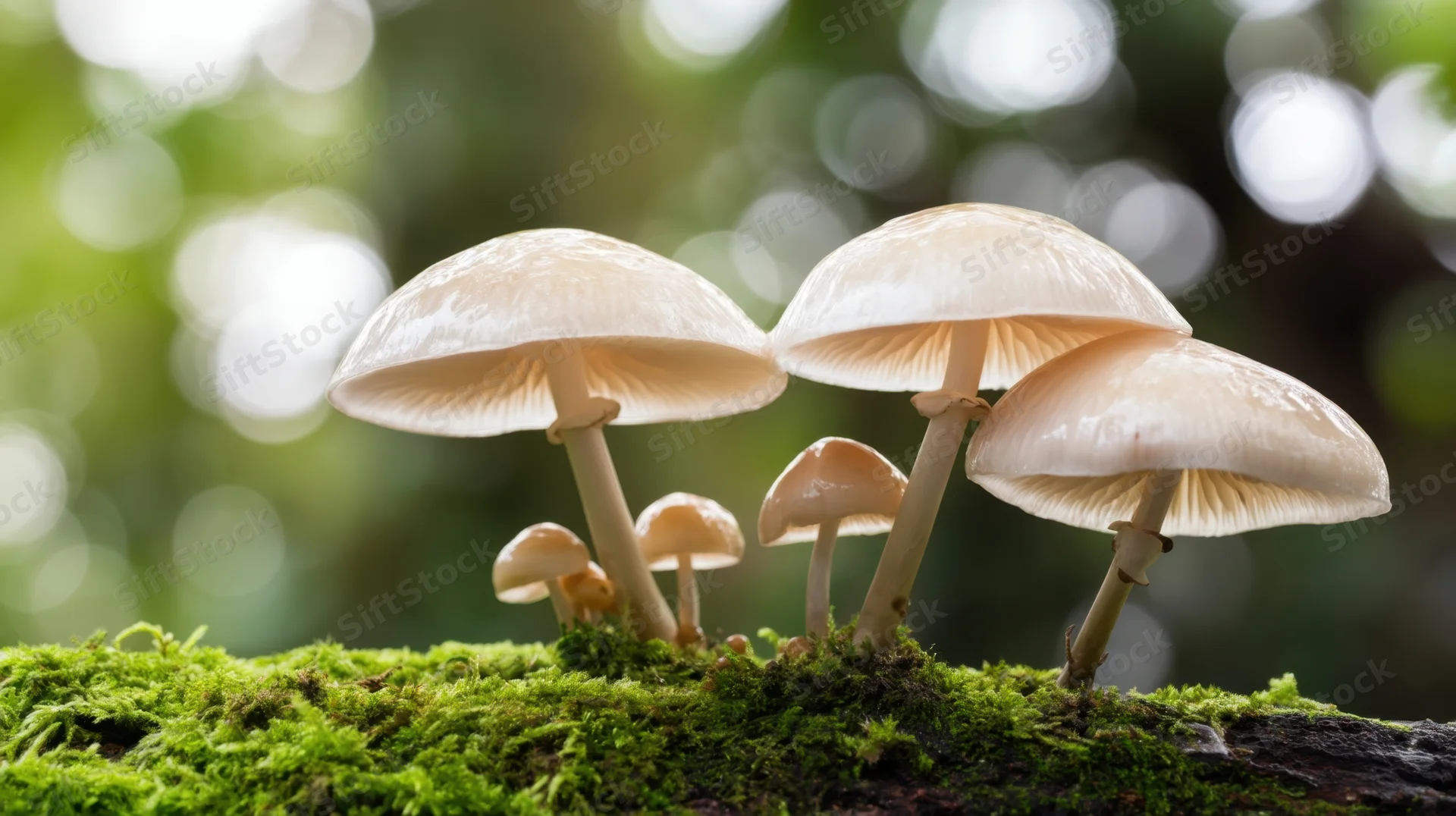 Cluster of white mushrooms growing on a moss-covered log in a forest