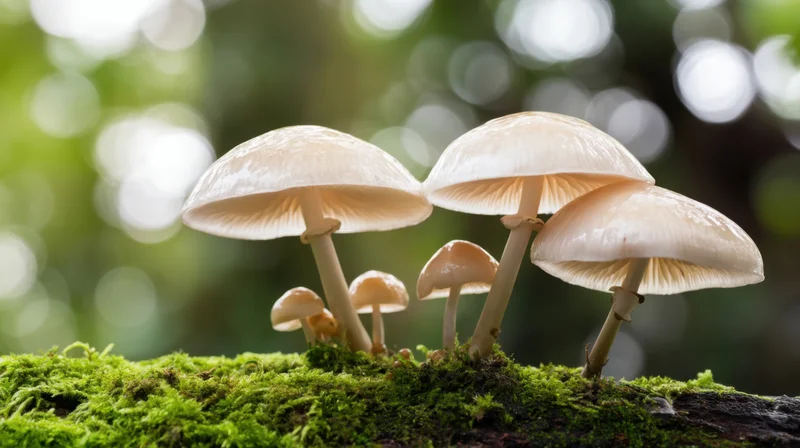 Cluster of white mushrooms growing on a moss-covered log in a forest