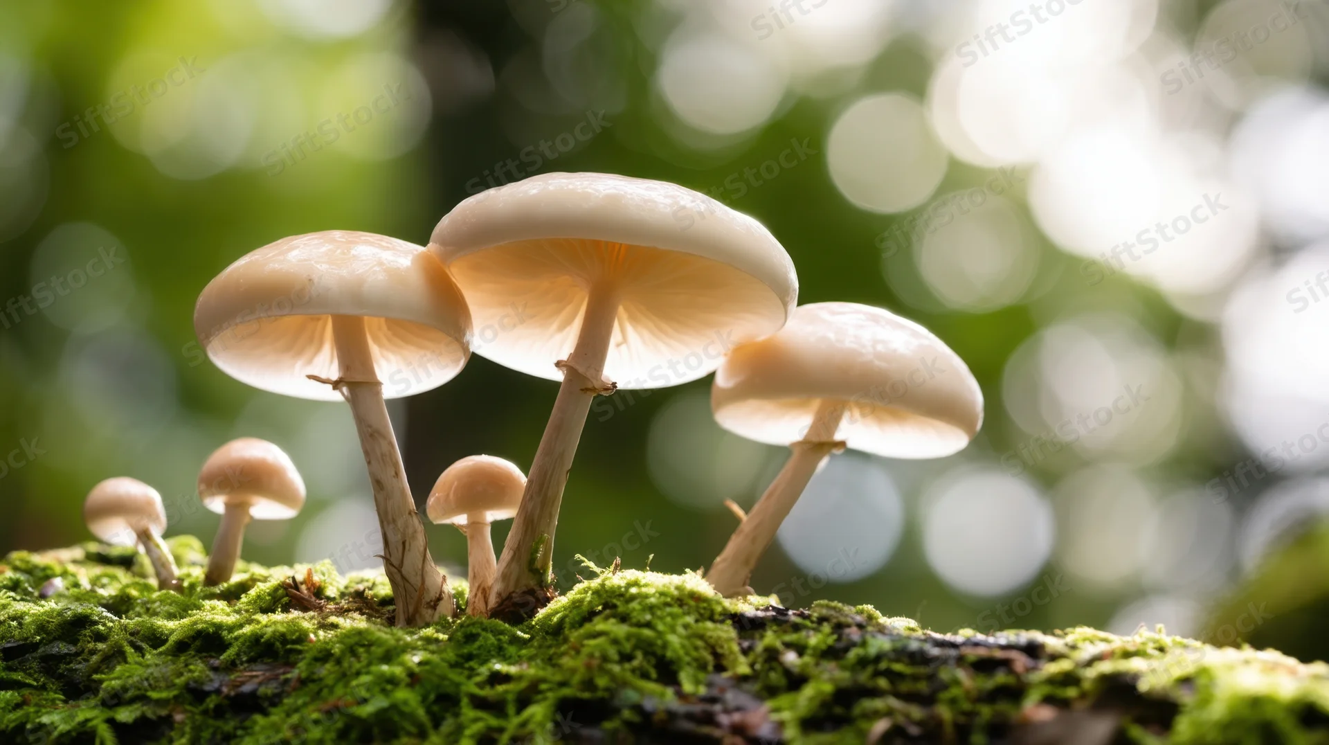 Cluster of mushrooms growing on a moss-covered log in a forest setting