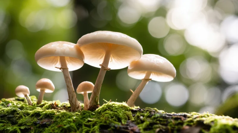 Cluster of mushrooms growing on a moss-covered log in a forest setting