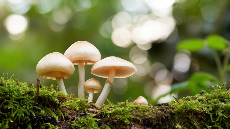 Cluster of mushrooms growing on a moss-covered log in a forest setting