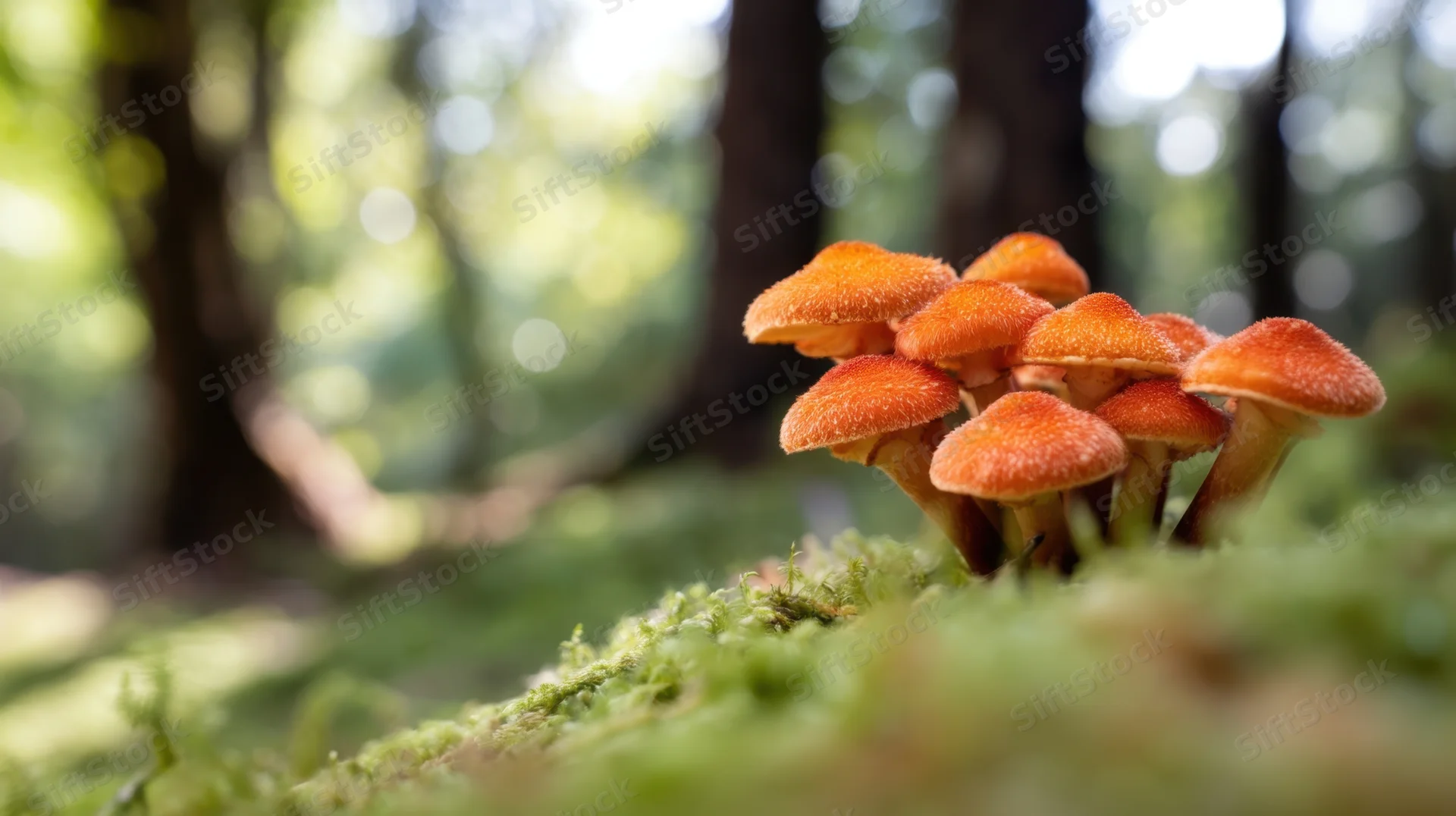 Cluster of orange mushrooms growing on moss in a forest floor setting