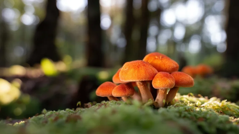 Cluster of orange mushrooms growing on mossy ground in a forest