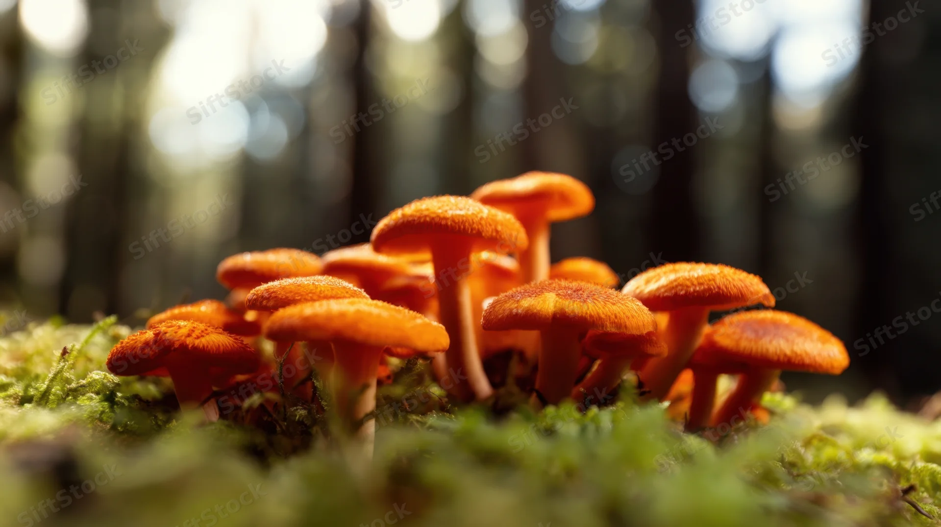 Cluster of orange mushrooms growing on mossy forest floor in dappled sunlight